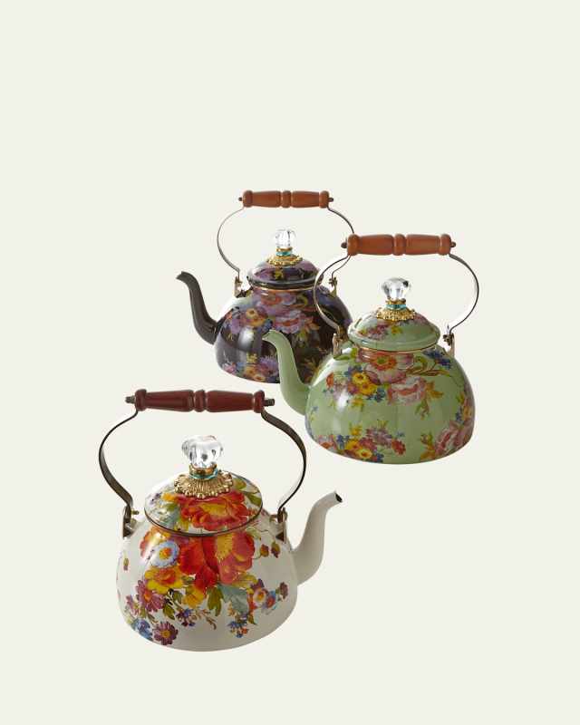 Flower Market White Two-Quart Tea Kettle